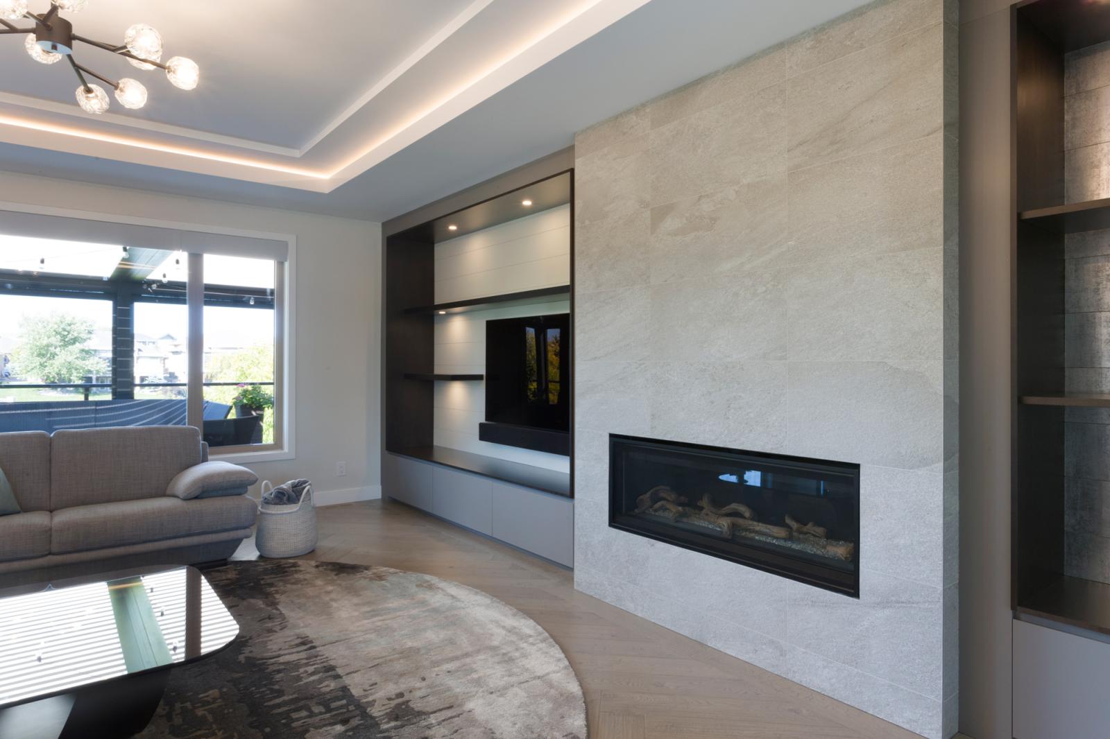 Neutral Grey Large Format Tile Fireplace